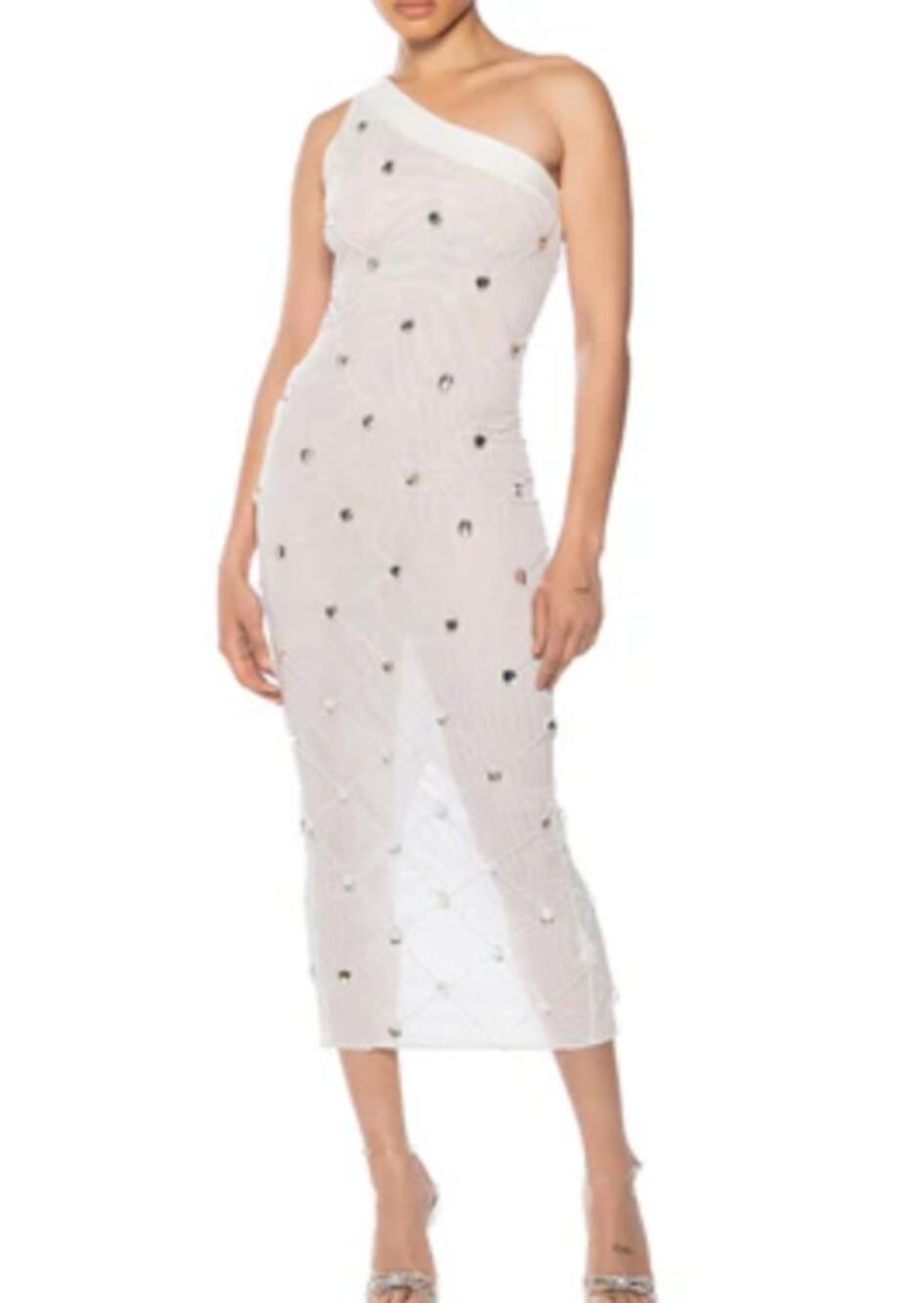 Akira White Chrissy Sheer Mesh Beaded Midi Party Dress Medium